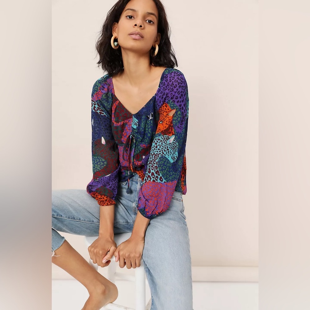 Farm Rio Anthropologie Katalina Animal Print Boho Bohemian Blouse